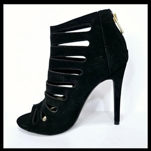 DOLLHOUSE Black Velvet Stiletto Heels, Peeptoe, Zipper Back Sz 6